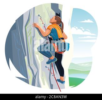 Grimpeur fille mountaineer vecteur. Isolé. Style plat. Femme sports d'escalade. Alpinisme féminin. Tourisme de montagne. Ascension en haute altitude Illustration de Vecteur