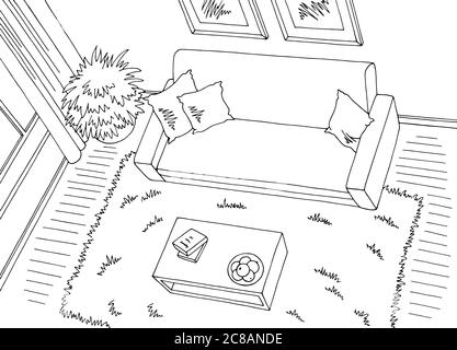 Salon vue du dessus graphique noir blanc intérieur dessin illustration vecteur Illustration de Vecteur