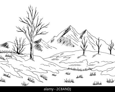 Printemps paysage neige fondre graphique noir blanc esquisse illustration vecteur Illustration de Vecteur