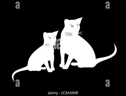 Illustration isolée de chat et de chaton Abyssinien. Silhouette noire et blanche de chats abyssiniens assis sur le noir Illustration de Vecteur