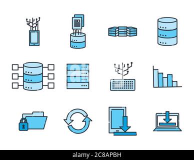 Design de l'ensemble d'icônes de style de remplissage et de ligne Big Data, système de sécurité de base du centre d'hébergement Web et illustration du vecteur matériel Illustration de Vecteur