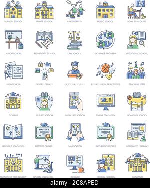 Jeu d'icônes de couleur RVB éducation. Processus d'apprentissage, vie des élèves. Système éducatif moderne. Établissements universitaires et types d'enseignement. Vecteur illu isolé Illustration de Vecteur