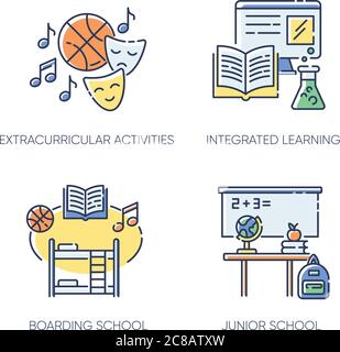 Jeu d'icônes de couleur RVB pour l'enseignement primaire. École junior avec activités parascolaires et apprentissage intégré. École d'embarquement privée. Vecteur isolé Illustration de Vecteur