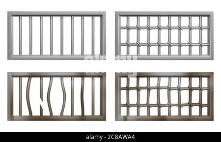 Fenêtre de prison avec barres métalliques et grille. Ensemble vectoriel réaliste de grille de fenêtre de tiges en acier dans la cage de prison. Vieilles grilles rouillées et cassées pour cellule de prison isolée sur fond blanc Illustration de Vecteur