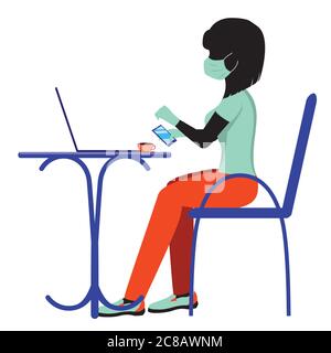 Indépendant, étudiant ou femme d'affaires en masque assis sur une chaise et travaillant sur un ordinateur portable dans un café ou à la maison. Illustration de Vecteur