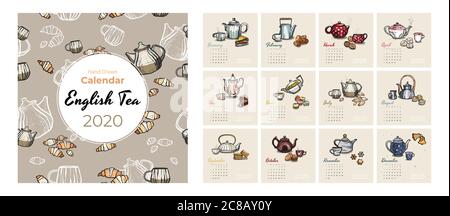 ensemble de 2020 vecteurs de calendrier pour la nourriture et le thé. Calendrier esquissé de Tea Party. Définir les pages de 12 mois. Théières, tasses, biscuits Illustration de Vecteur