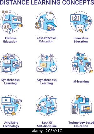 Concepts d'apprentissage à distance icônes de concept ensemble. Apprentissage M. Cours à distance. Illustrations en couleur RVB fines et en ligne pour l'enseignement en ligne. Vecteur isolé Illustration de Vecteur