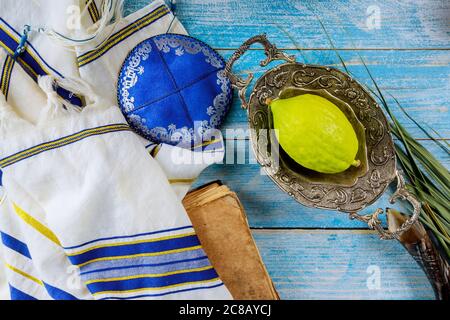 Symboles traditionnels fête juive de Sukkot Etrog, Loulav, hadas, l'arava priant kippa talit livre rituel juif Banque D'Images