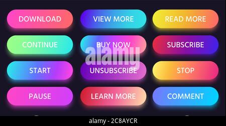 Bouton dégradé coloré. Boutons Lire, afficher et en savoir plus. Acheter maintenant, s'abonner et couleur commentaires boutons ensemble vectoriel. Arrondir les points à puces comme pause, co Illustration de Vecteur