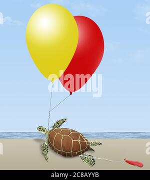 Une tortue de mer verte sur une plage au bord de l'océan est vue emmêlée dans des ballons de fête à l'hélium probablement libérés des miles de l'océan. Voici une illustration 3-D. Banque D'Images