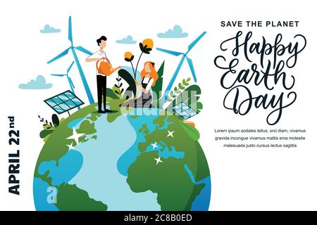 Modèle de bannière ou d'affiche Happy Earth Day. Illustration de caractères de dessin animé à plat vectoriels et en-tête de lettre dessinés à la main. Plan personnel Illustration de Vecteur