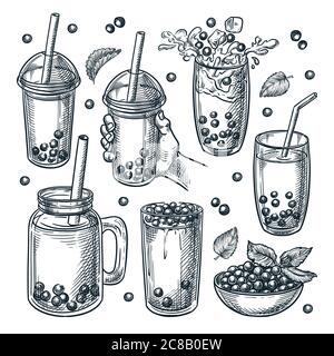 Kit de boissons à base de thé avec glaçons, isolé sur fond blanc. Boissons sucrées asiatiques d'été avec perles de tapioca. Illustration vectorielle d'un croquis dessiné à la main de ha Illustration de Vecteur