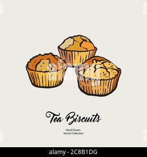 Petits gâteaux muffins isolé main dessin ligne vectorielle illustration ancien style. Biscuits à thé vectoriels, logo de cuisson des biscuits Illustration de Vecteur