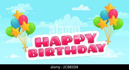 Joyeux anniversaire sur des ballons volant dans le ciel parmi les nuages. Ballons à l'hélium colorés pour les fêtes. Décoration pour événement heureux, divertissement, gr Illustration de Vecteur