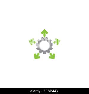 engrenage gris avec 5 flèches rouges. icône isolée sur fond blanc. illustration plate à vecteur de pignon pour la technologie ou l'innovation. Bouton COG. SIG. Paramètres Illustration de Vecteur