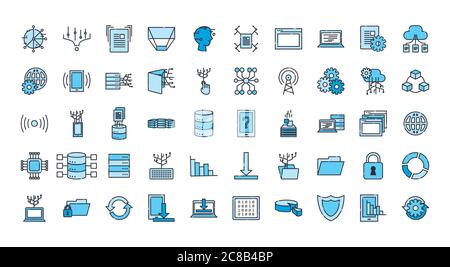 Design de l'ensemble d'icônes de style de remplissage et de ligne Big Data, système de sécurité de base du centre d'hébergement Web et illustration du vecteur matériel Illustration de Vecteur