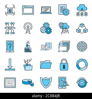 Design de l'ensemble d'icônes de style de remplissage et de ligne Big Data, système de sécurité de base du centre d'hébergement Web et illustration du vecteur matériel Illustration de Vecteur