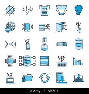 Design de l'ensemble d'icônes de style de remplissage et de ligne Big Data, système de sécurité de base du centre d'hébergement Web et illustration du vecteur matériel Illustration de Vecteur