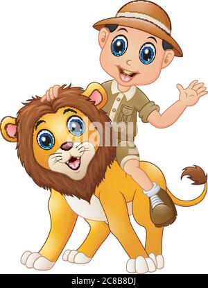 Illustration du jeune garçon en costume safari et dessin animé du lion sauvage Illustration de Vecteur