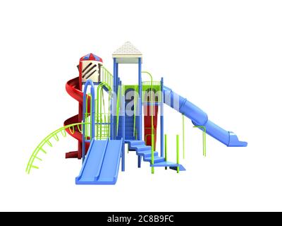 Aire de jeux pour enfants bleu avec des échelles avec red spiral slide glisser tout droit rendu 3D sur fond blanc aucune ombre Banque D'Images