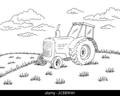 Tracteur sur le terrain graphique noir blanc paysage illustration vecteur Illustration de Vecteur