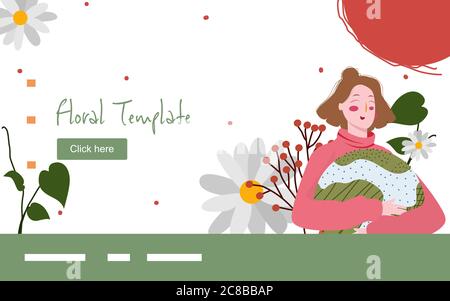 Floral belle femme hug oreiller globe personnage plante fleur autour de la campagne pour le site web accueil modèle page d'accueil bannière avec plat Illustration de Vecteur