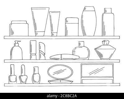 Mise en place des étagères graphique noir blanc isolé croquis cosmétiques magasin illustration vecteur Illustration de Vecteur