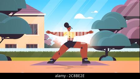 african american femme faisant des exercices d'étirement extérieur fille ayant entraînement cardio entraînement fitness entraînement sain style de vie maison sport concept paysage pleine longueur vecteur illustration Illustration de Vecteur