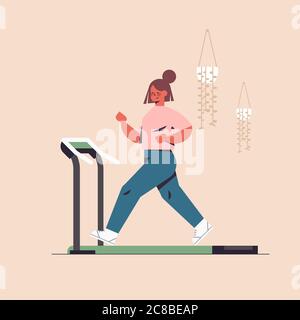 sportswoman courant sur tapis roulant fille ayant entraînement cardio entraînement fitness sain style de vie à la maison sport concept pleine longueur vecteur illustration Illustration de Vecteur