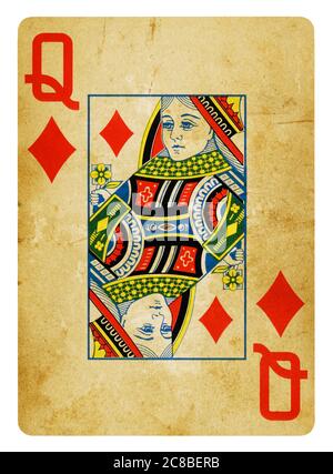 La reine de diamants Vintage playing card isolé sur blanc (chemin inclus) Banque D'Images