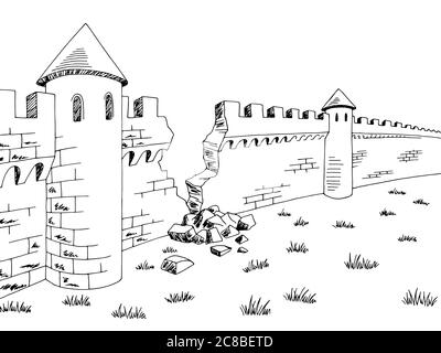 Mur brisé château médiéval graphique noir blanc esquisse illustration vecteur Illustration de Vecteur