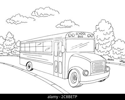 Bus scolaire graphique noir blanc paysage de rue esquisse illustration vecteur Illustration de Vecteur