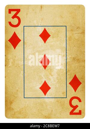 Trois de Diamond Vintage playing card - isolated on white (chemin inclus) Banque D'Images