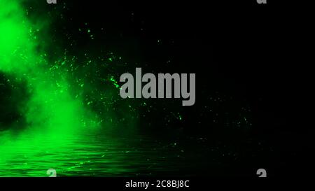 Les particules vertes sont réfléchissement dans l'eau. Texture de conception pour bannière, prospectus, carte et affiche . Banque D'Images