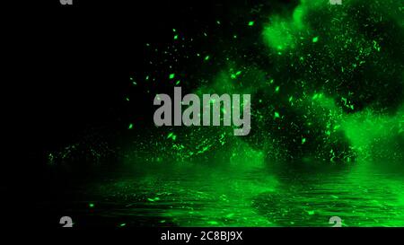 Les particules vertes sont réfléchissement dans l'eau. Texture de conception pour bannière, prospectus, carte. Banque D'Images