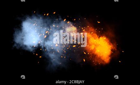 Les particules de poussière de feu effet débris isolé sur fond noir, le mouvement de pulvérisation de poudre s'éclater. Banque D'Images