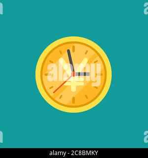 Horloge à pièces dorée avec affiche en yens. Icône plate isolée sur bleu poudré. Le temps est le pictogramme de l'argent. Minutes Illustration de Vecteur