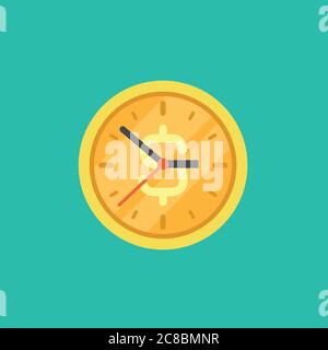 Horloge à pièces dorée avec affiche dollar. Icône plate isolée sur bleu poudré. Le temps est le pictogramme de l'argent. Minutes Illustration de Vecteur