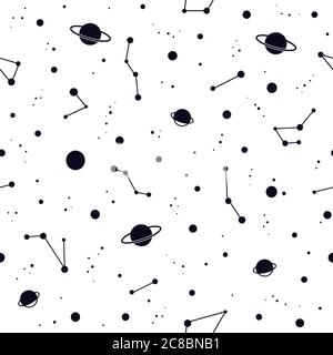 Motif sans couture avec constellations noires, planètes et étoiles sur fond blanc. Illustration vectorielle. Ciel nocturne, univers, espace. Fond Galaxy. Illustration de Vecteur