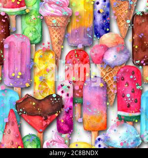 Motif aquarelle sans couture dessiné à la main avec crème glacée multicolore et éclaboussures sur fond blanc. Style de coupe de papier, effet 3d. Banque D'Images