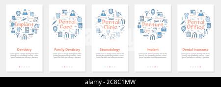 Cinq bannières verticales avec concept de ligne de la dentisterie - stomatologie et implant Illustration de Vecteur