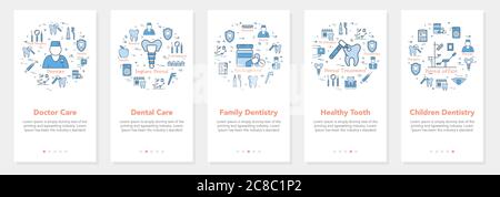 Cinq bannières verticales avec le concept de ligne de la dentisterie - famille et enfants dentisterie Illustration de Vecteur