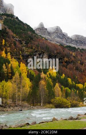 Rivière large avec assez de débit entre les montagnes en automne. Banque D'Images