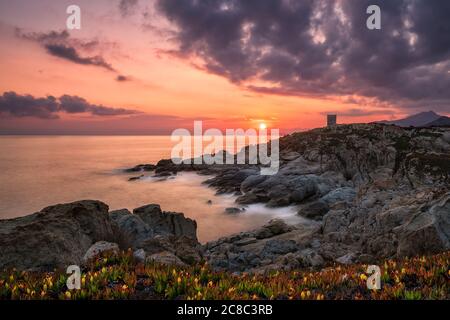 Lever de soleil sur la tour génoise silhouettée à Punta Spano près de Lumio et la côte rocheuse de la région de Balagne en Corse avec le Cap Corse dans le di Banque D'Images