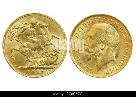 les deux côtés de la pièce sovereign 1927 isolée sur blanc Banque D'Images