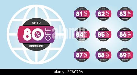 Ensemble d'étiquettes de remise dans de magnifiques dégradés de couleurs. Collection de balises de réduction vectorielles avec pourcentage défini. 80 % de réduction. Illustration de Vecteur