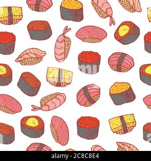 Motif sushi et roulls sans coutures. Papier peint couleur de dessin animé Doodle. Illustration vectorielle Illustration de Vecteur