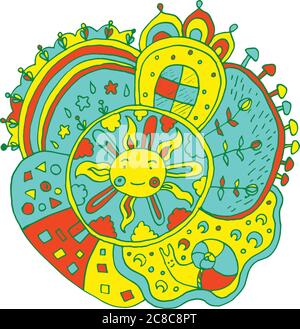 Mandala dessiné par un enfant avec des éléments de soleil et de nature - Doodle Art illustration vectorielle Illustration de Vecteur