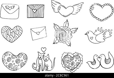 Ensemble d'autocollants pour la Saint-Valentin - page de coloriage. Ensemble isolé de dessin animé Doodle avec coeurs, animaux, lettres. Illustration vectorielle Illustration de Vecteur