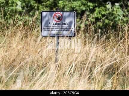 13 juillet 2020, Saxe, Pödelwitz: Un panneau 'propriété privée du Mibrag' se dresse dans un pré de vergers. La place dans le quartier du charbon brun de Leipzig veut devenir un projet de vitrine du changement structurel. Pödelwitz était en fait censé être dragué, mais se considère sauvé après la sortie du charbon. Une grande partie des habitants ont quitté le village il y a des années, seulement huit des 40 parcelles sont encore habitées. Photo: Jan Woitas/dpa-Zentralbild/ZB Banque D'Images